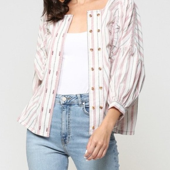 New BLUHEAVEN by Umgee S cotton striped Bishop sleeve casual ruched loose top - Picture 8 of 8